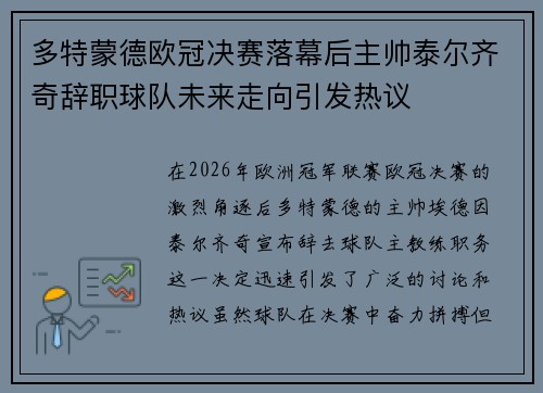 多特蒙德欧冠决赛落幕后主帅泰尔齐奇辞职球队未来走向引发热议
